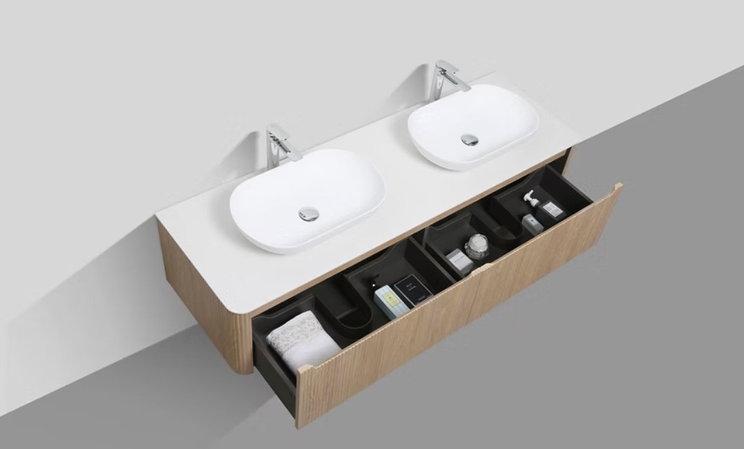 Monza 1600mm Double Drawer Wall-hung Bathroom Vanity-Oak - Image 2