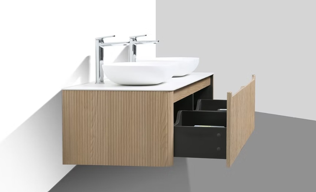 Monza 1600mm Double Drawer Wall-hung Bathroom Vanity-Oak - Image 3