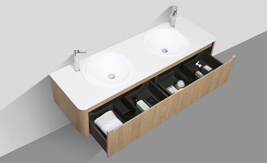 Monza 1600mm Wave Set up Single Drawer Wall-hung Bathroom Vanity-Oak - Image 2
