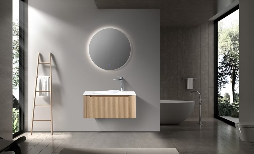 Monza 800mm Wave Set up Single Drawer Wall-hung Bathroom Vanity-Oak - Image 4