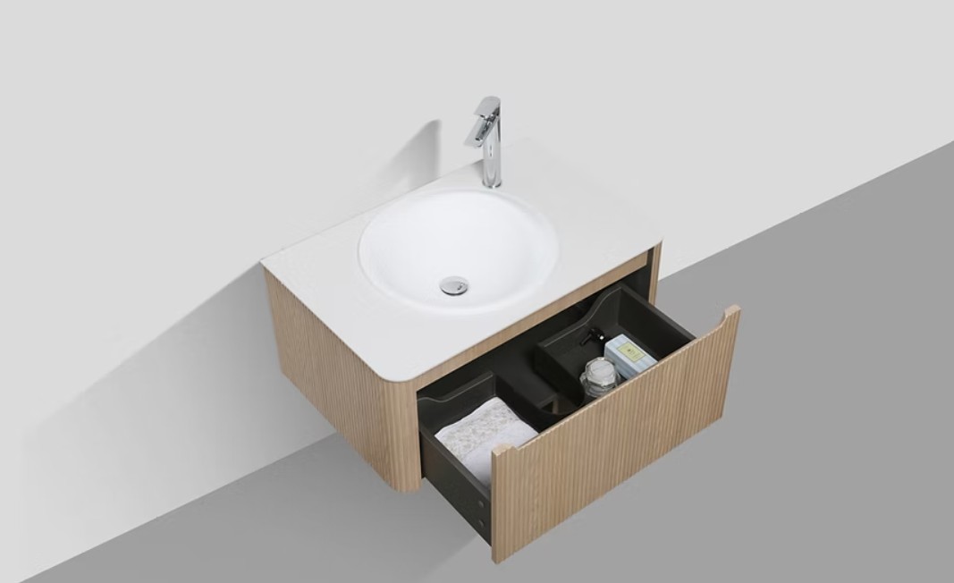 Monza 800mm Wave Set up Single Drawer Wall-hung Bathroom Vanity-Oak - Image 2