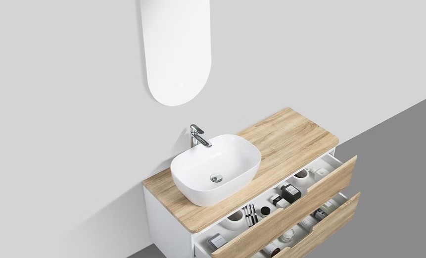Trento 1200mm Double Drawer Wall-hung Bathroom Vanity-White Oak - Image 2