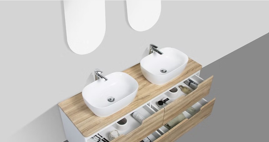 Trento 1500mm Double Drawer Wall-hung Bathroom Vanity-White Oak - Image 2