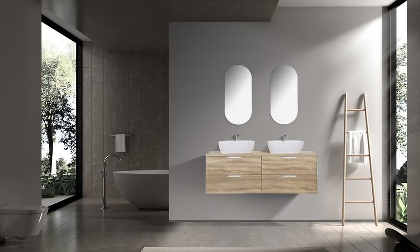 Trento 1500mm Double Drawer Wall-hung Bathroom Vanity-White Oak - Image 3