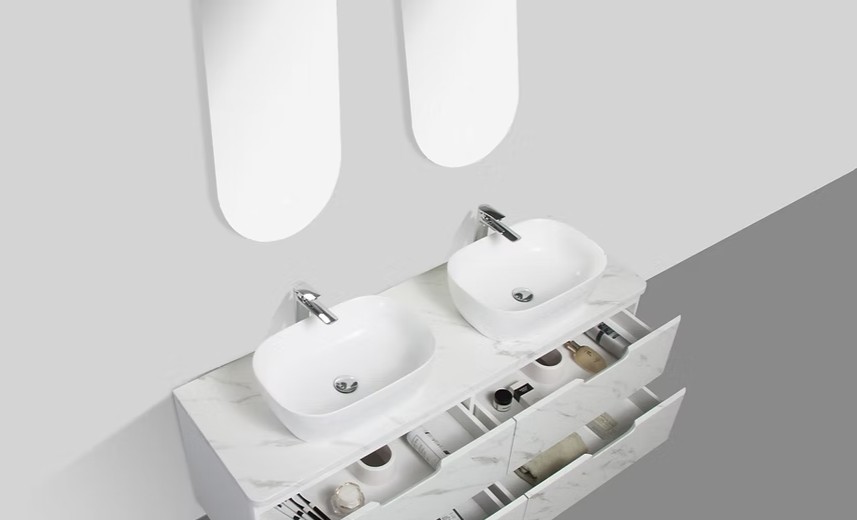 Trento 1500mm Double Drawer Wall-hung Bathroom Vanity-Calacatta - Image 2