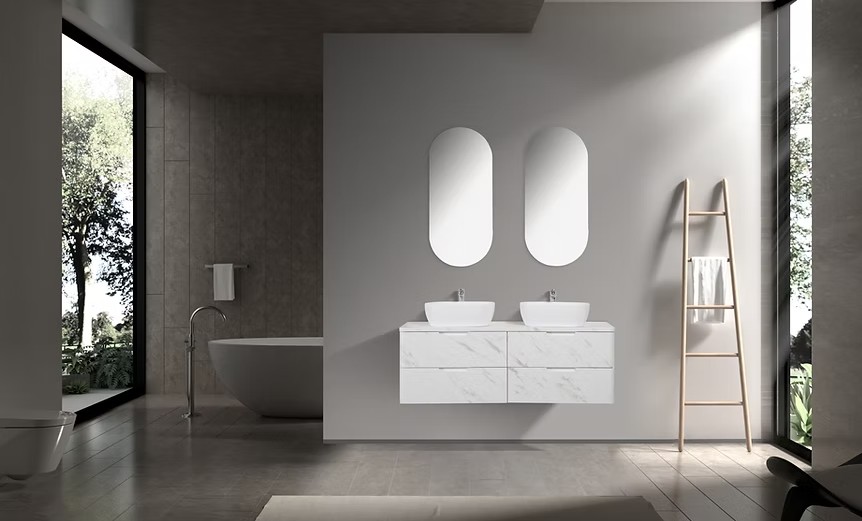 Trento 1500mm Double Drawer Wall-hung Bathroom Vanity-Calacatta - Image 3
