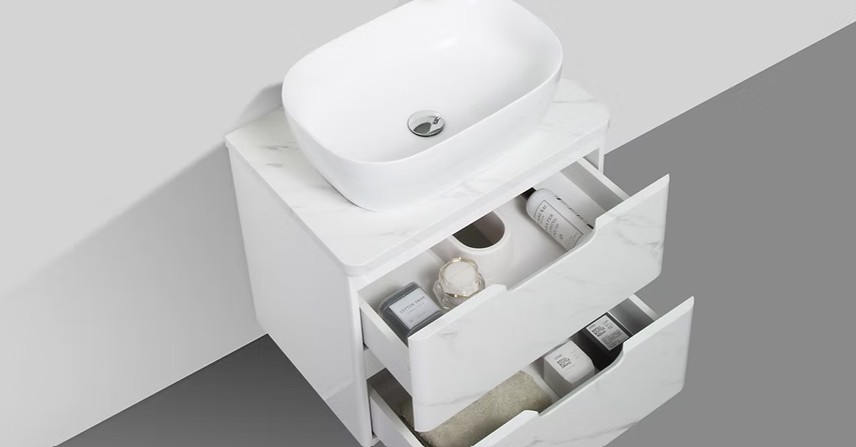 Trento 600mm Double Drawer Wall-hung Bathroom Vanity- Calacatta - Image 2