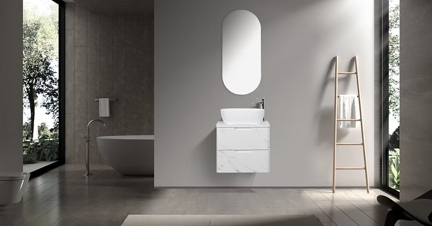 Trento 600mm Double Drawer Wall-hung Bathroom Vanity- Calacatta - Image 3