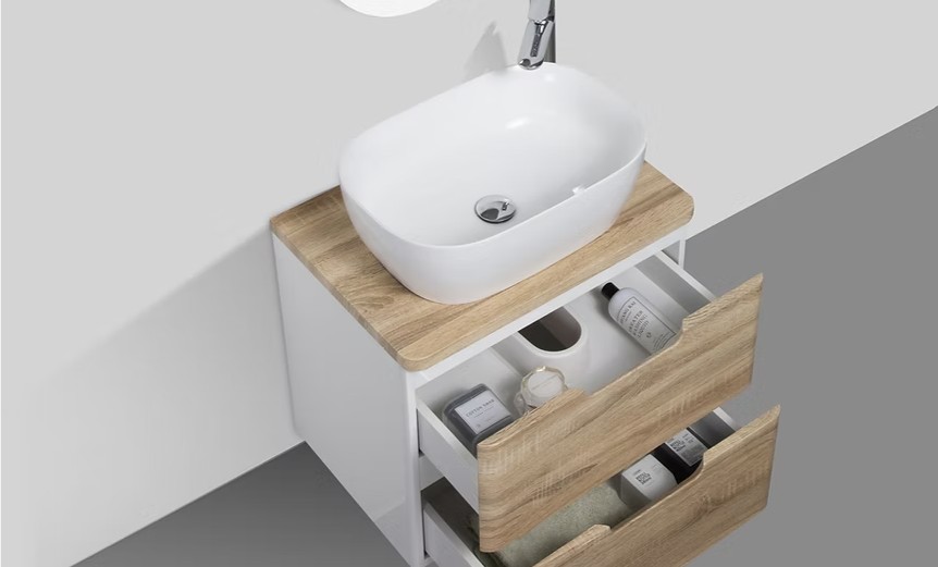 Trento 600mm Double Drawer Wall-hung Bathroom Vanity-White Oak - Image 2
