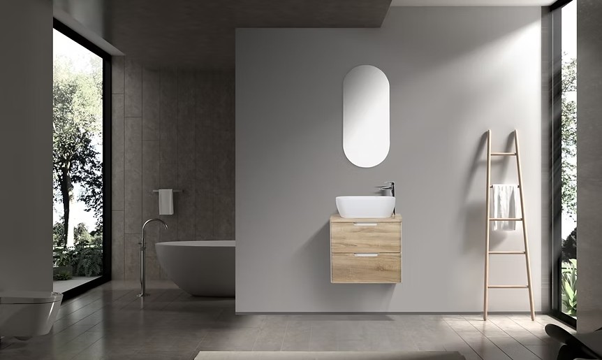 Trento 600mm Double Drawer Wall-hung Bathroom Vanity-White Oak - Image 3